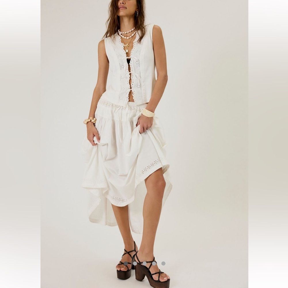 Free People Gesibelle Cotton Eyelet Tie Front Sleeveless Vest Maxi Skirt Set